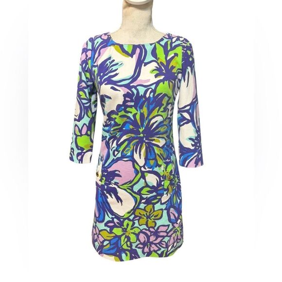 Lilly Pulitzer Charlene Dress Spectrum Blue Lilac Floral Print Small 3/4 Sleeve - Picture 2 of 5